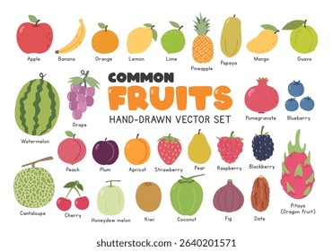 Common fruits flat vector illustration set in cartoon clipart style. Apple, banana, orange, lemon, lime, pineapple, papaya, mango, guava, watermelon, grape, berries, melons, cherry, coconut, fig