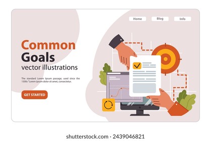 Common goals concept. Two hands coordinating over computer, marking a completed task. Team collaboration, joint effort for achievement. Flat vector illustration