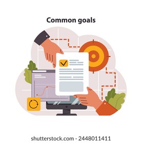 Common goals concept. Two hands coordinating over computer, marking a completed task. Team collaboration, joint effort for achievement. Flat vector illustration