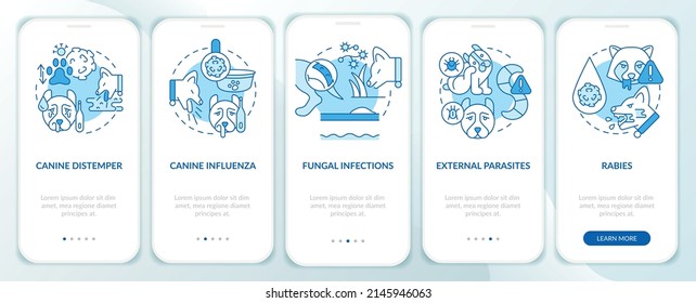 Common health concerns for dogs blue onboarding mobile app screen. Walkthrough 5 steps graphic instructions pages with linear concepts. UI, UX, GUI template. Myriad Pro-Bold, Regular fonts used