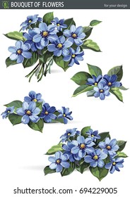 Common hepatica flowering in spring. Small blue kidneywort. Beautiful flowers anemone. Elegance bouquet, isolated on white background