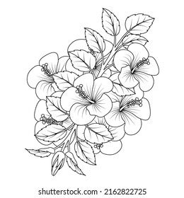 common hibiscus flower coloring page and detailed line art vector graphic design