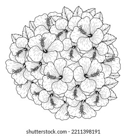 common hibiscus flower outline blossoming petal or rose mallow flowers coloring page with line art on isolated background.red hibiscus flower line art drawing sketch 