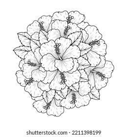 common hibiscus flower outline blossoming petal or rose mallow flowers coloring page with line art on isolated background.red hibiscus flower line art drawing sketch 