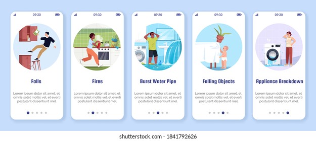 Common Home Accidents Onboarding Mobile App Screen Vector Template. Appliance Breakdown, Falls, Fires. Walkthrough Website Steps With Flat Characters. Life Insurance. Smartphone Cartoon UX, UI, GUI