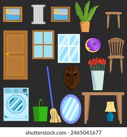 Common home furnishings, including windows and doors. Vector illustration of miscellaneous things in the house to decorate the walls, a painting and an African mask. mirror and wall clock for the hall