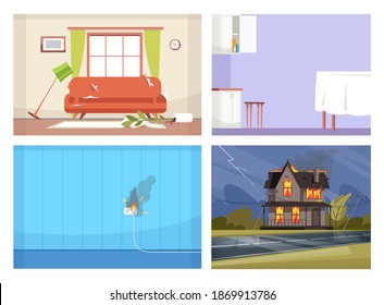 Common house accidents semi flat vector illustration set. Faulty wiring, open kitchen wall cabinet, messy living room, house on fire 2D cartoon scenes collection for commercial use
