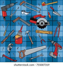 Common household tools on a seamless blue plaid background.