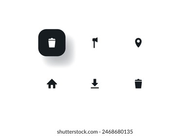 common icons including trash can axe location pin home button and download button