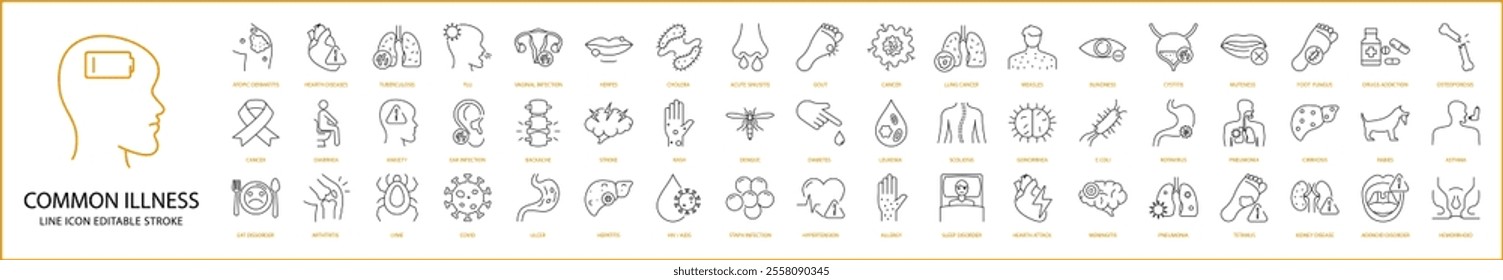 Common Illness Icon Set In line Style. Common illness Icons. Vector illustration. editable Stroke.