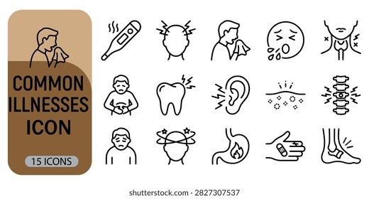 Common Illnesses Icon set featuring 15 line art symbols for medical symptoms and health conditions