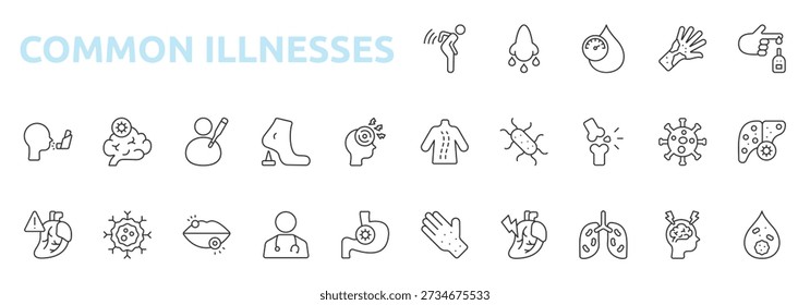 Common Illnesses icon set outline style with backache, hypertension, rash, diabetes, scoliosis, osteoporosis icons