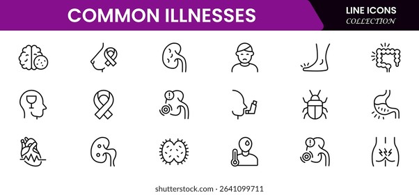 Common Illnesses line icons set. Common Illnesses outline icons with editable stroke collection. These Includes Breast Cancer, Depression, Brain Tumor, Allergy, Diabetes, and More.