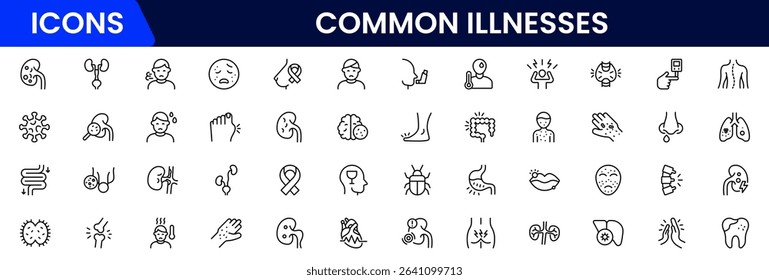 Common Illnesses line icons set. Common Illnesses outline icons with editable stroke collection. These Includes Breast Cancer, Depression, Brain Tumor, Allergy, Diabetes, and More.