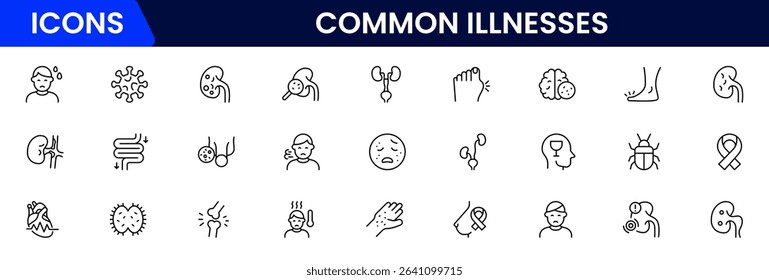 Common Illnesses line icons set. Common Illnesses outline icons with editable stroke collection. These Includes Breast Cancer, Depression, Brain Tumor, Allergy, Diabetes, and More.