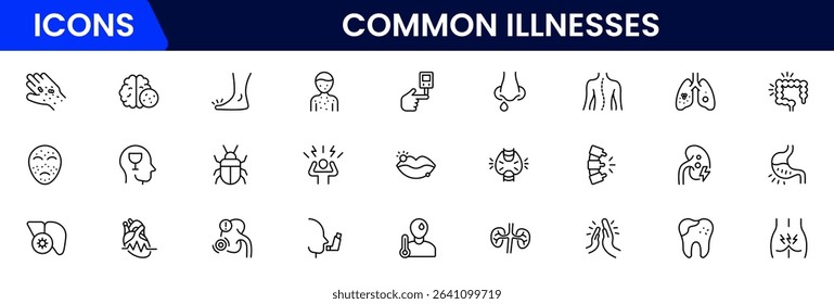 Common Illnesses line icons set. Common Illnesses outline icons with editable stroke collection. These Includes Breast Cancer, Depression, Brain Tumor, Allergy, Diabetes, and More.