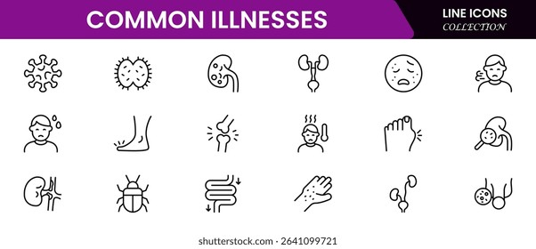 Common Illnesses line icons set. Common Illnesses outline icons with editable stroke collection. These Includes Breast Cancer, Depression, Brain Tumor, Allergy, Diabetes, and More.