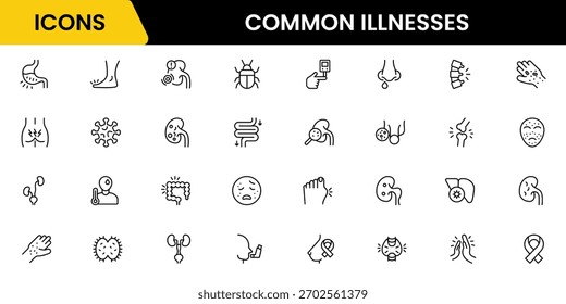 Common Illnesses line icons set. Common Illnesses outline icons with editable stroke collection. These Includes Breast Cancer, Depression, Brain Tumor, Allergy, Diabetes, and More.