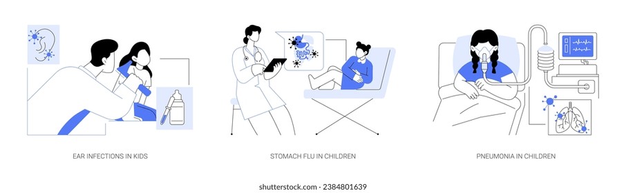 Häufige Infektionskrankheiten in der Kindheit abstraktes Konzept Vektorgrafik Set. Ohrinfektionen bei Kindern, Magengrippe, Lungenentzündung, Lungenprobleme, abstrakte Bauchschmerzen-Metapher.