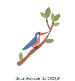 Common kingfisher. Small tropical bird with blue and orange plumage. Alcedo atthis with bright feathers sitting on tree branch. Flat vector illustration isolated on white background