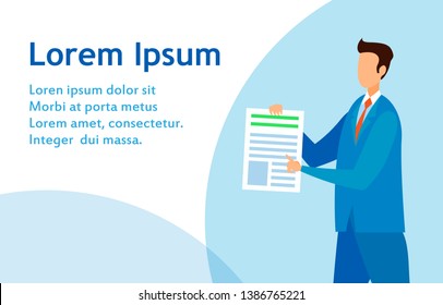 Common Lawyer, Legal Advisor Firm Flat Web Banner. Editor, Journalist Pointing on Article Flat Character. Young Advocate Holding Document, Contract. Businessman, Boss, Employer Showing Agreement