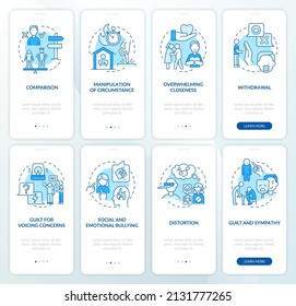 Common manipulation tactics blue onboarding mobile app screen set. Walkthrough 4 steps graphic instructions pages with linear concepts. UI, UX, GUI template. Myriad Pro-Bold, Regular fonts used