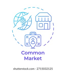 Gemeinsamer Markt blau Farbverlauf Konzept Symbol. Einzelhandel, weltweiter Handel. Wirtschaftliche Integration. Runde Liniendarstellung. Abstrakte Idee. Grafikdesign. Einfache Verwendung in Artikel, Broschüre