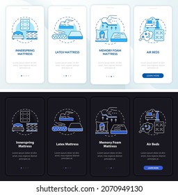 Los tipos de colchón comunes son oscuros, la pantalla de la aplicación móvil en el embarque de luz. Recorrido 4 pasos instrucciones gráficas con conceptos. UI, UX, plantilla de vector GUI con ilustraciones de modo nocturno y día lineales