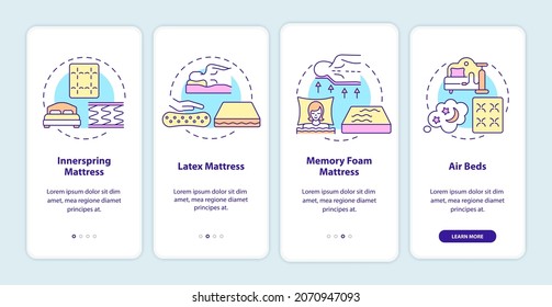 Tipos de colchón comunes a bordo de la pantalla de la aplicación móvil. Camino de ropa de cama cómodo de 4 pasos instrucciones gráficas con conceptos. UI, UX, plantilla de vector GUI con ilustraciones de color lineales