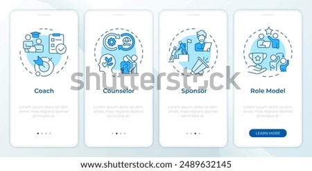 Common mentor roles blue onboarding mobile app screen. Walkthrough 3 steps editable graphic instructions with linear concepts. UI, UX, GUI template