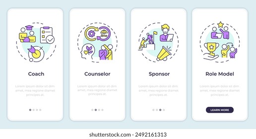 Common mentor roles onboarding mobile app screen. Walkthrough 3 steps editable graphic instructions with linear concepts. UI, UX, GUI template