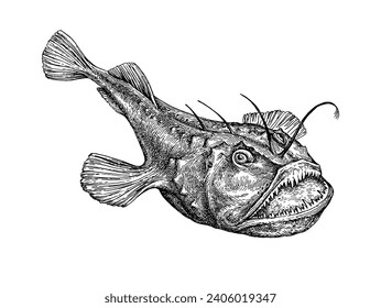 Common monkfish. European angler. Lophius ink illustration isolated on white background. Retro style.