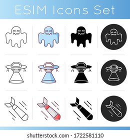 Common Movie Categories Icons Set. Linear, Black And RGB Color Styles. Popular Cinematography Genres, Filmmaking Styles. Science Fiction, Horror Films And War Dramas. Isolated Vector Illustrations