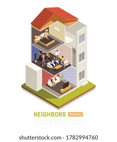 Common neighbor disputes isometric composition with flat dwellers suffering from loud music party noise nuisance vector illustration 
