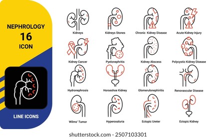 Common Nephrology diseases vector icon set. Line medical icons.