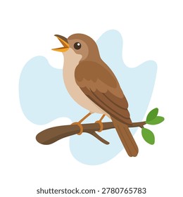 Common nightingale singing on branch in minimal flat vector style, common nightingale isolated with soft wildlife illustration art