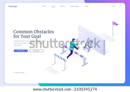 Common obstacles for your goal. Banner of overcome problems and difficulties for achievement business goals. Vector landing page with isometric man run to finish and jump over hurdles