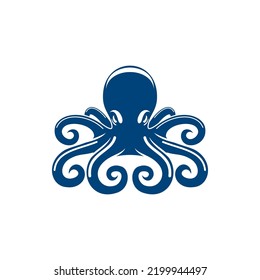 Common octopus, eight-limbed molusk isolated marine animal. Vector marine underwater blue animal with tentacles