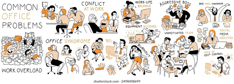 Common office problems illustration set, outline doodle style. Cute character design, outline, linear, thin line art, hand drawn sketch. 