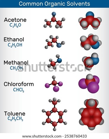 Common organic solvents. Molecular structure and 3D models of acetone, ethanol, methanol, chloroform, and toluene. Vector illustration