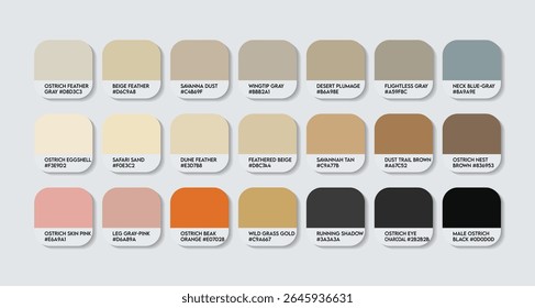 Common Ostrich Color Palette. Common Ostrich color Tone Swatch Chart with HEX Codes and Color Names. Ostrich Feather and Body Colors Tones Variants. Feet, Beak and Eye Accents Tones colure Palette.