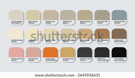 Common Ostrich Color Palette. Common Ostrich color Tone Swatch Chart with HEX Codes and Color Names. Ostrich Feather and Body Colors Tones Variants. Feet, Beak and Eye Accents Tones colure Palette.