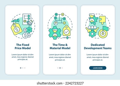 Modelos de outsourcing comunes a bordo de la pantalla de aplicaciones móviles. Recorrido de administración 3 pasos instrucciones gráficas editables con conceptos lineales. UI, UX, plantilla GUI. Multitud de tipos de letra Pro-Bold, con uso regular