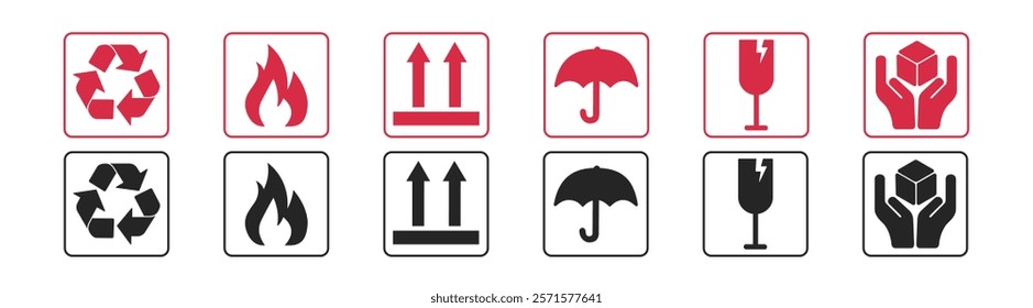 Common packaging. Collection of warning signs on cardboard boxes or packaging of goods