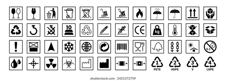 Common packaging, warning symbol set. Common and warning symbol set in black and white flat style. Isolated on transparent