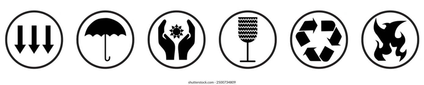 Common packaging  warning symbols with curved frame line art. 