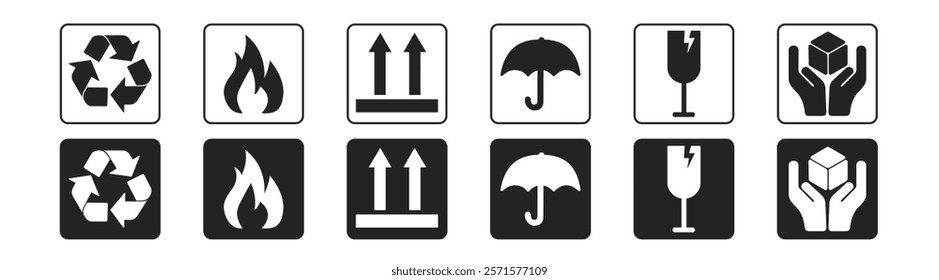 Common packaging and warning symbols with curved frame. This side up, Keep dry, Handle with care, recycled, fragile, flammable vector icon set.