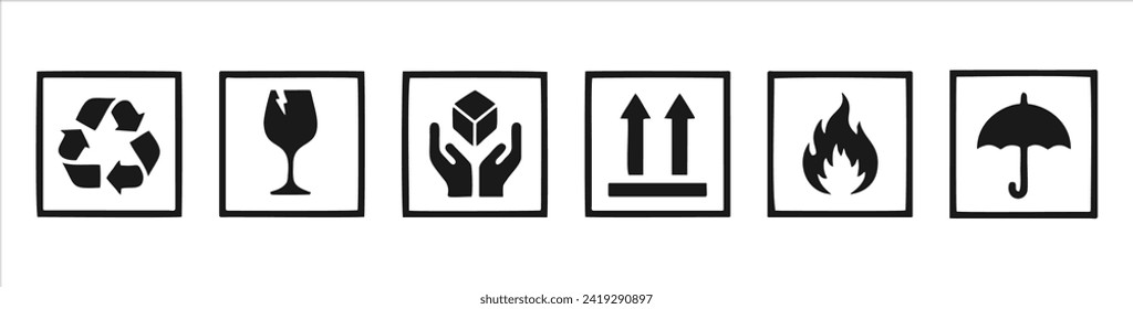 Common packaging warning symbols. Falt packaging icons.