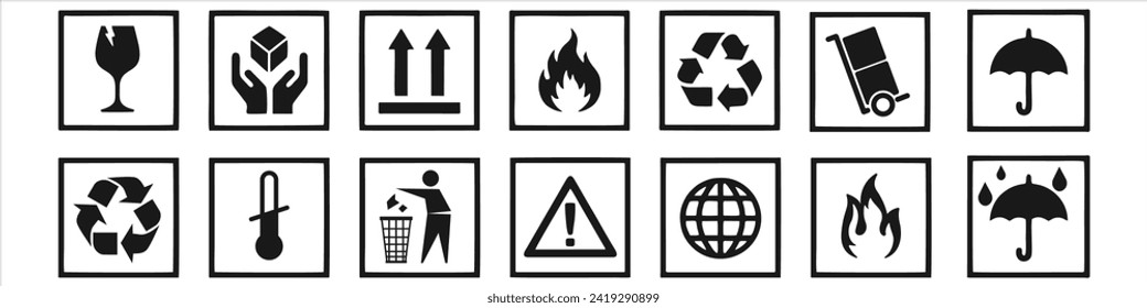 Common packaging warning symbols. Falt packaging icons.