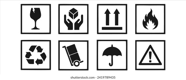 Common packaging warning symbols. Falt packaging icons.